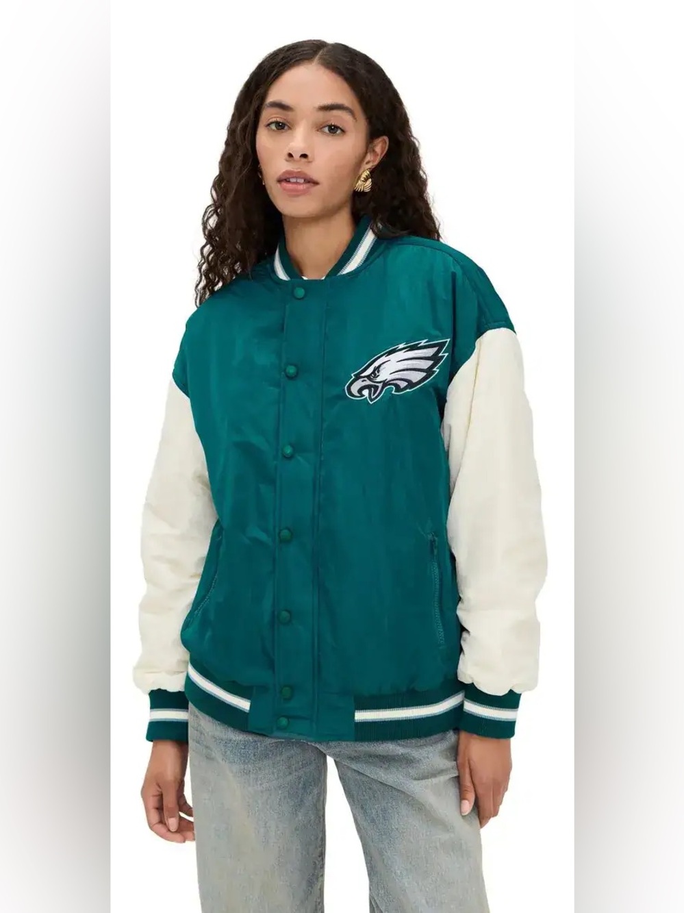 New! Terez  EAGLES Bomber Varsity Jacket 🦅🏈 Large Eagles Midnight Green + Sugar - Picture 3 of 12